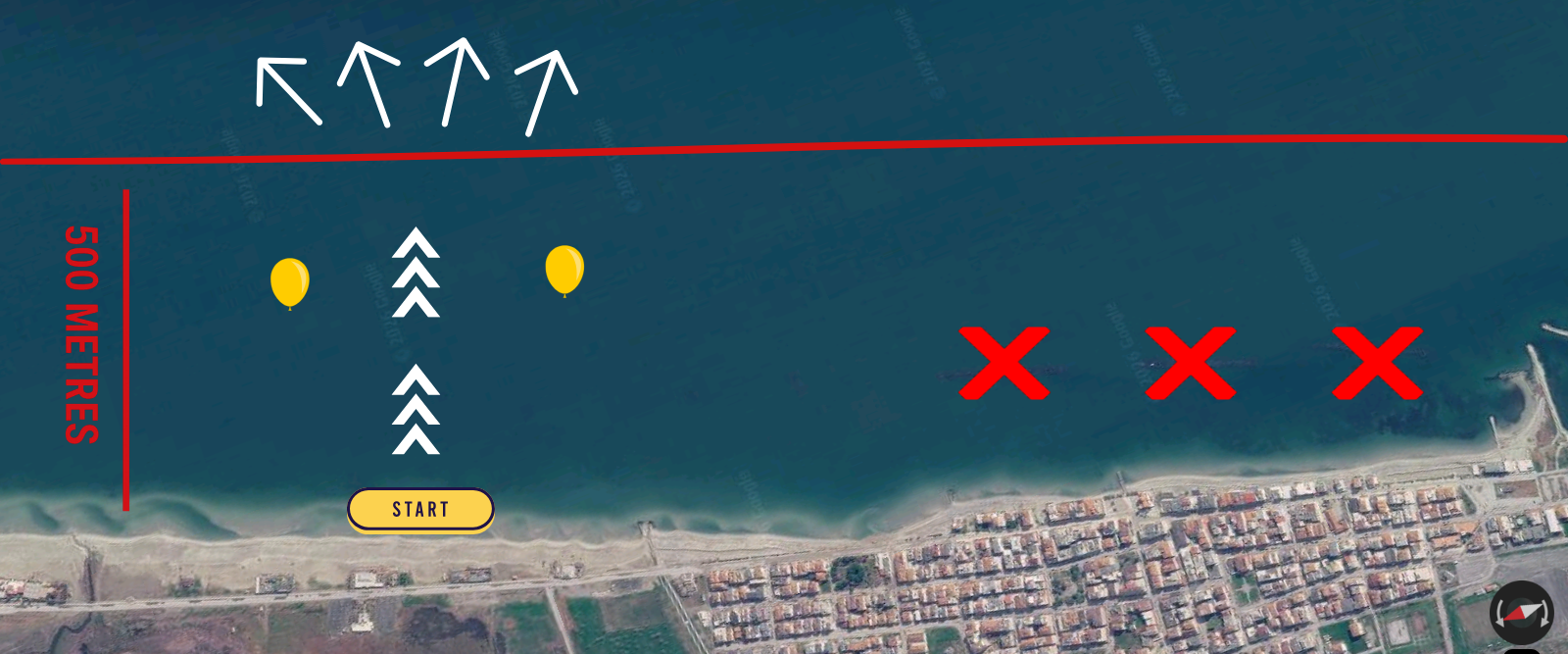 Navigation map showing route, restricted zones and safe areas